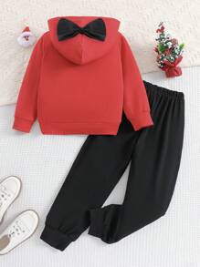 SHEIN Cô Gái Trẻ In Giáng sinh Chi tiết cung Áo Hoodie & Quần thể thao - Đỏ - Xem 2