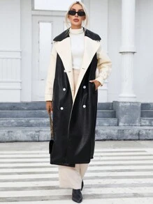 SHEIN Essnce 雙色雙排釦腰帶風衣外套 - 黑與白 - 查看 6