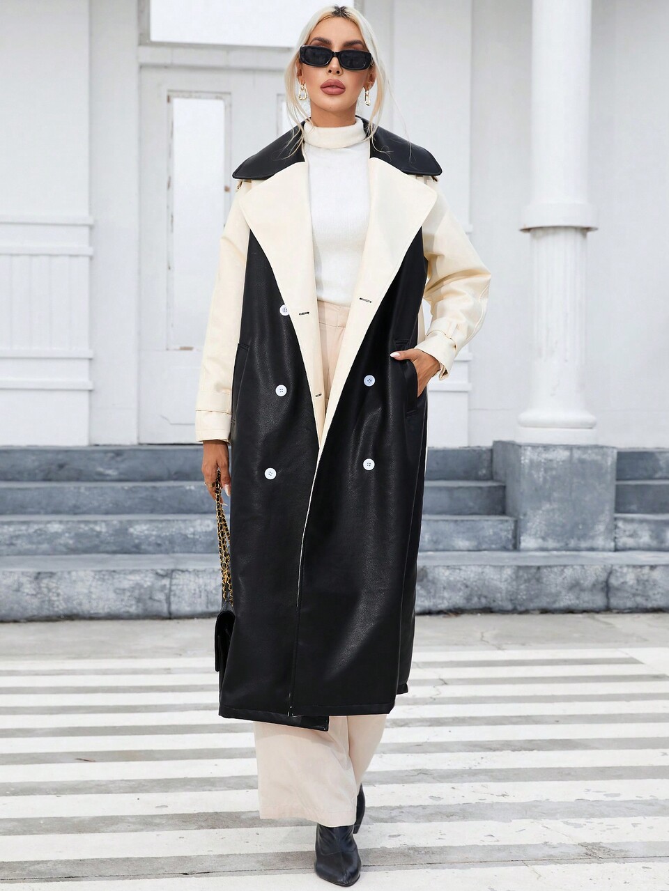Two Tone Double Breasted Belted Trench Coat