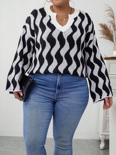 Calvaya Plus Wave Striped Pattern Drop Shoulder Sweater Knit Pullover Fall Winter Sweater