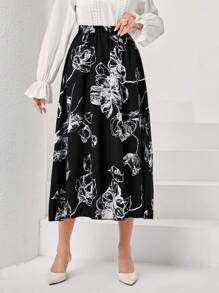 SHEIN Clasi 印花彈性腰帶半身裙 - 黑色 - 查看 4