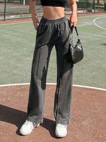 Cottnline Damen Straight Cut Casual Hose Mit Schrägen Taschen Und Elastischem Bund, Mittelhoch - Grau - Übersicht 1