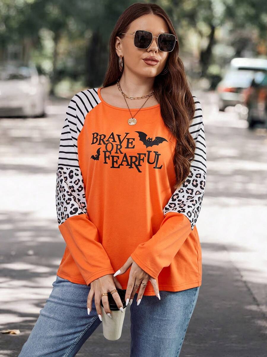 SHEIN LUNE Hơn Đồ họa sọc & khẩu hiệu Tay Raglan Áo thun - Nhiều màu - Xem 1