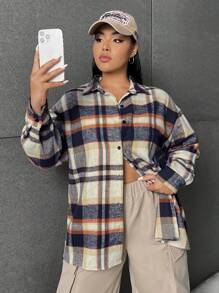 SHEIN EZwear Plus Plaid Print Drop Shoulder Shirt