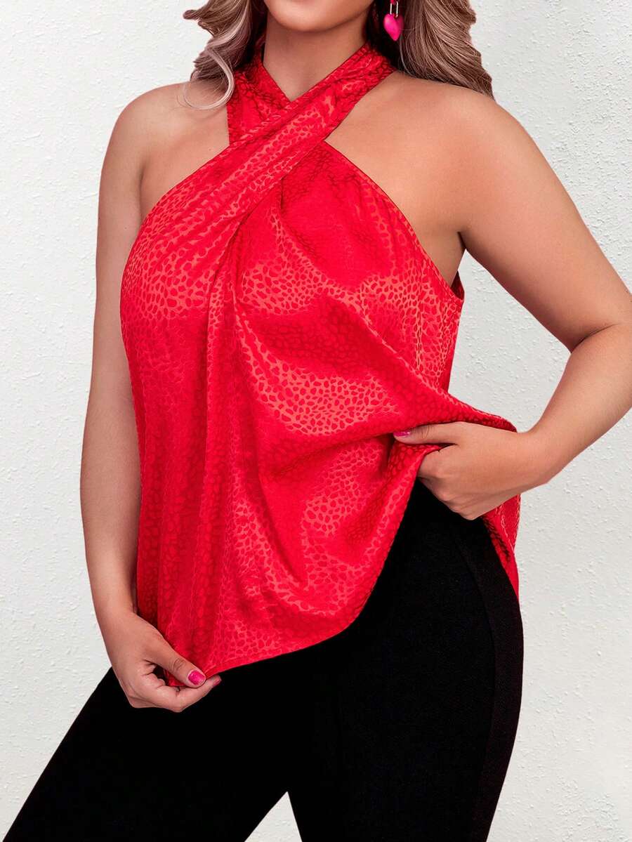 Celure 大碼斑點圖案提花掛脖上衣 - 紅色 - 查看 1