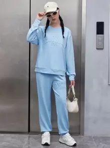 青少年女孩字母圖案落肩袖套頭衫和運動褲 - 淺藍色 - 查看 1