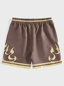 ROMWE MEN Street Life Men Fire & Letter Graphic Drawstring Waist Shorts, School - Brown - View 2