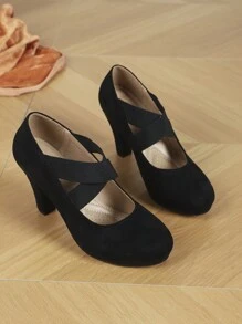 Women's Criss-Cross Elastic Strap Round Toe Thick Sole Cone Heel Slip-On Mary Jane Pumps, Elegant, Faux Suede, Black, Suitable For Work, Office, Outdoor, Comfortable Platform High Heels - Black - View 3