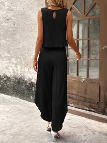 SHEIN Clasi 素色褶皺背心上衣和圍裹下擺長褲 - 黑色 - 查看 2