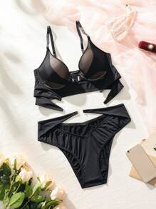 Conjunto de lencería con corte de sujetador & panty y soporte debajo del pecho - Negro - Ver 1