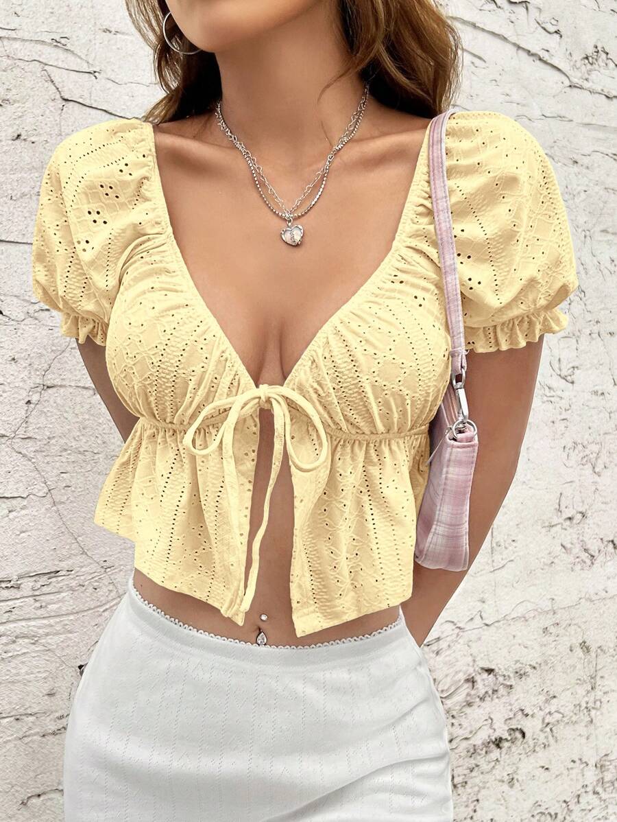 SHEIN EZwear Eyelet Embroidery Tie Front Puff Sleeve Peplum Tee - Yellow - View 1