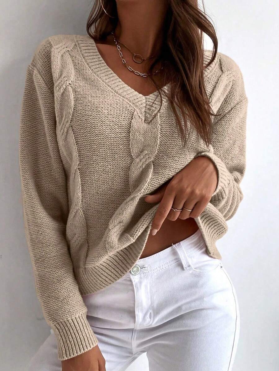 EMERY ROSE Solid Cable Knit V Neck Sweater Knit Pullover Fall Winter Outfit - Apricot - View 1
