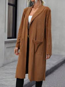 SHEIN LUNE Dual Pocket Open Front Coat Fall Cloth For Women - Brown - View 6