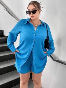 Flirla Plus Solid Button Front Shirt & Shorts - Blue - View 7