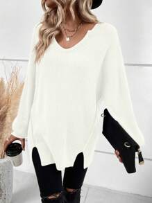 SHEIN LUNE 素色落肩袖下擺開叉套頭毛衣 - 白色 - 查看 6