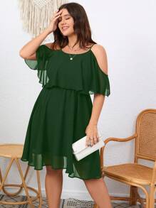 SHEIN Clasi Plus Cold Shoulder Ruffle Trim Dress - Dark Green - View 3