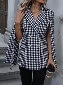 SHEIN Clasi In Houndstooth áo tay cánh Đôi ngực Cape Blazer - Đen và trắng - Xem 1