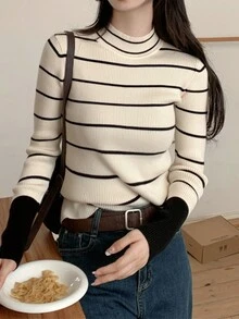 条纹立领罗纹针织毛衣 - 杏色 - 查看 1