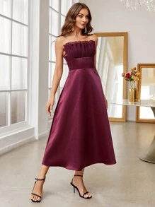 SHEIN Belle 勃艮第红色纯色褶饰胸围抹胸鸡尾酒会礼服婚礼宾客礼服，半正式礼服 - 酒紅色 - 查看 6