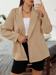 SHEIN Unity 大碼戧駁領口袋貼布西裝外套 - 杏色 - 查看 4