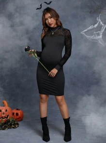 SHEIN Maternity Halloween Mock Neck Spider Web Print Bodycon Dress - Black - View 3
