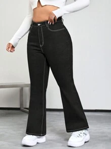 SHEIN ICON 大碼高腰蝴蝶刺繡牛仔喇叭褲 - 黑色 - 查看 4