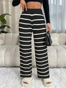 SHEIN LUNE Striped Pattern Wide Leg Knit Pants - Black - View 4