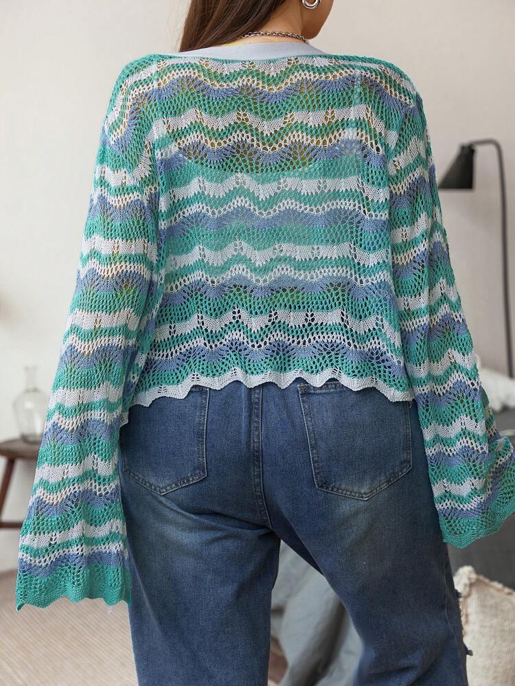 Plus Allover Chevron Pattern Scallop Trim Cardigan