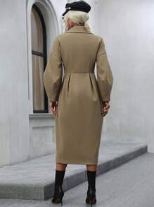 SHEIN Clasi 西裝領落肩袖雙排釦花呢外套 - 卡其色 - 查看 2