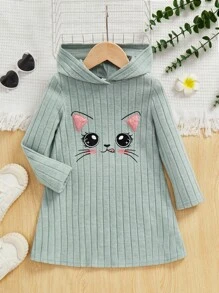 SHEIN Leap Crew 女小童刺繡卡通圖案連帽T恤洋裝 - 綠色 - 查看 1