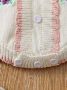 女孩嬰兒花卉刺繡撞色滾邊麻花編織連身背心 - 杏色 - 查看 3