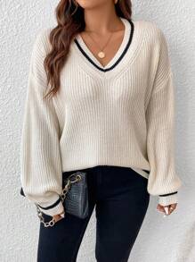 SHEIN Frenchy Plus Striped Trim Drop Shoulder Cricket Sweater, For Winter - Apricot - View 5