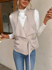 SHEIN LUNE Waterfall Collar Draped Ruched Vest Jacket - Khaki - View 3