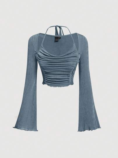 SHEIN MOD Camiseta crop con cordón trasero ribete en forma de lechuga fruncido delantero manga de campana