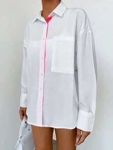 SHEIN Cottnline Của phụ nữ Gầy Trắng Áo sơ mi Với Cổ áo sơ mi Và Nút đơn Khép kín , Giải trí Và Linh hoạt Dài tay Phong cách , Gầy Chất vải - trắng - Xem 3