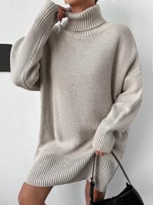 EURMUSE Turtleneck Drop Shoulder Sweater Dress - Beige - View 3