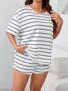Plus Size Striped Casual Skin-Friendly Pajama Set, Outfits - White - View 6