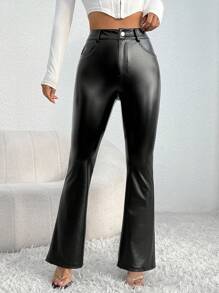SHEIN PETITE High Waist PU Leather Flare Leg Pants - Black - View 1