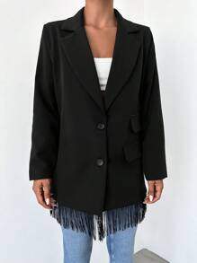 RueChic Lapel Neck Fringe Hem Button Front Blazer - Black - View 5