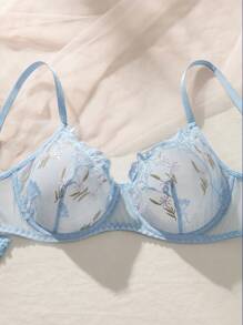 Classic Sexy 刺綉 透膚花卉印花女士性感內衣 - 藍色 - 查看 7