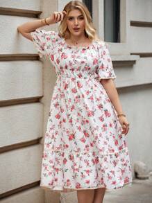 SHEIN Franclia 大碼印花方領泡泡袖荷葉邊洋裝 - 粉色 - 查看 5