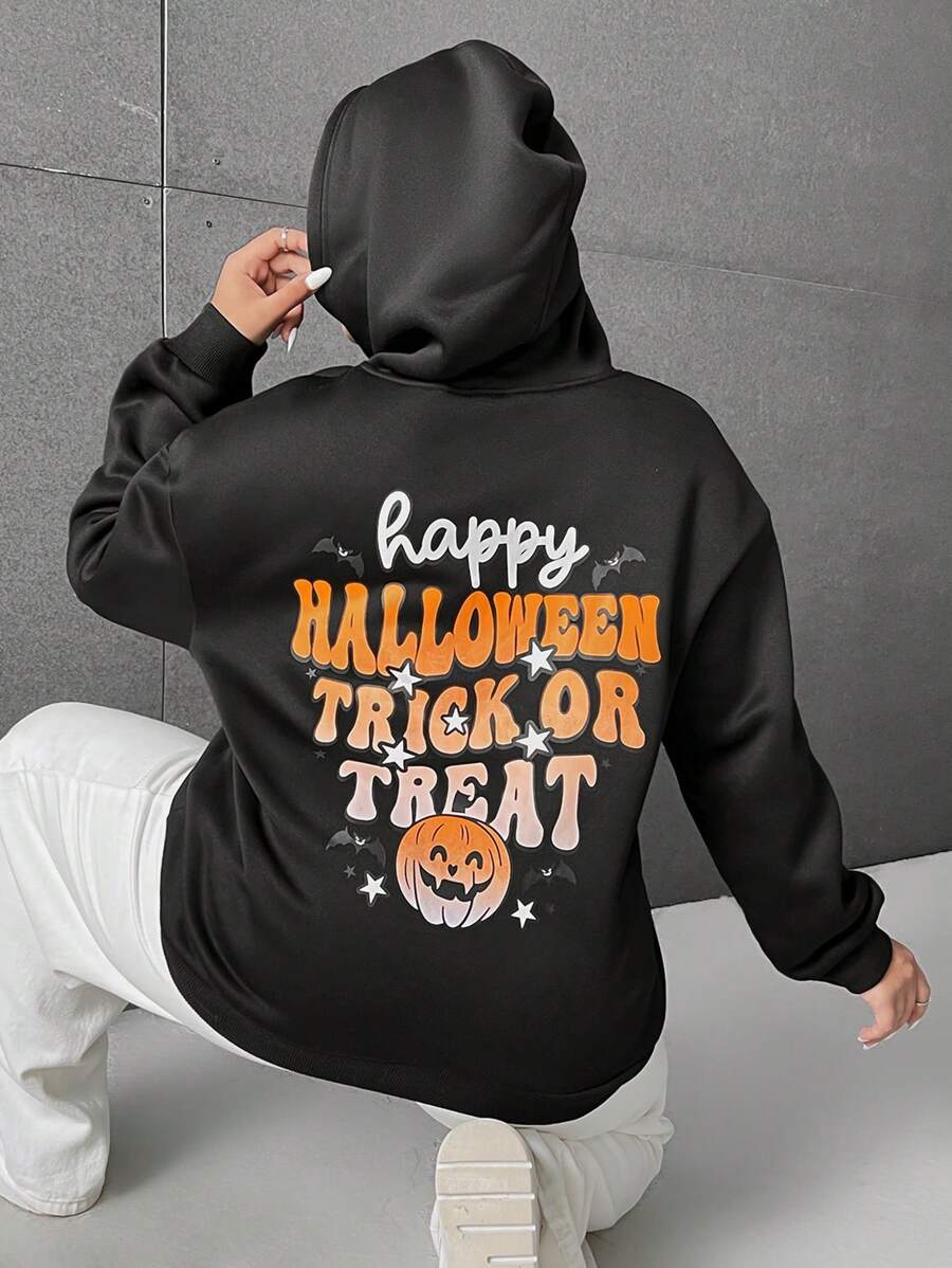 SHEIN EZwear Plus Slogan Graphic Drop Shoulder Drawstring Hoodie