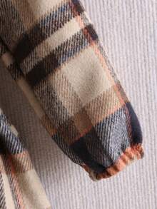 SHEIN Cô Gái Trẻ In kẻ sọc Chi tiết về Flap Thắt lưng Áo khoác Không có áo len - màu nâu - Xem 8