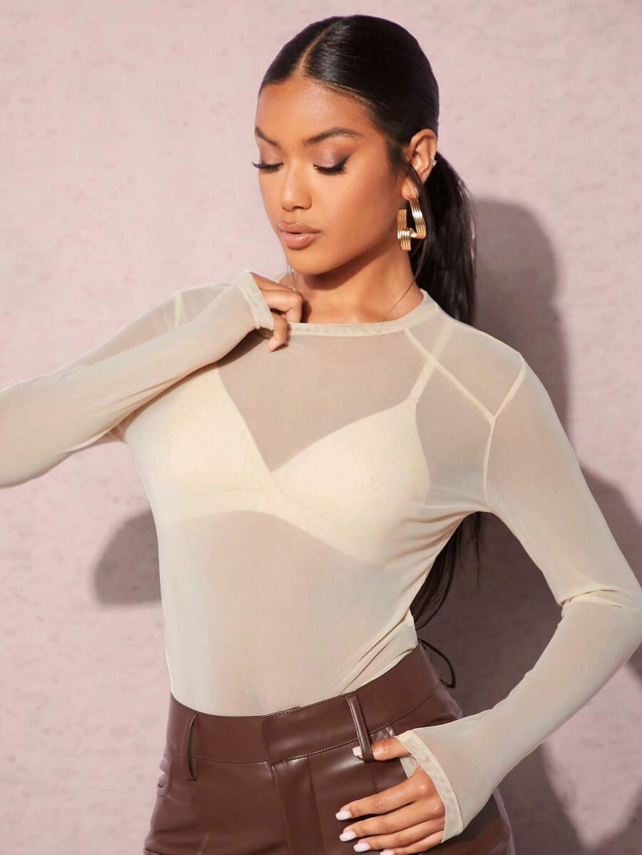 SHEIN BAE Solid Sheer Mesh Top Without Bra - Apricot - View 1