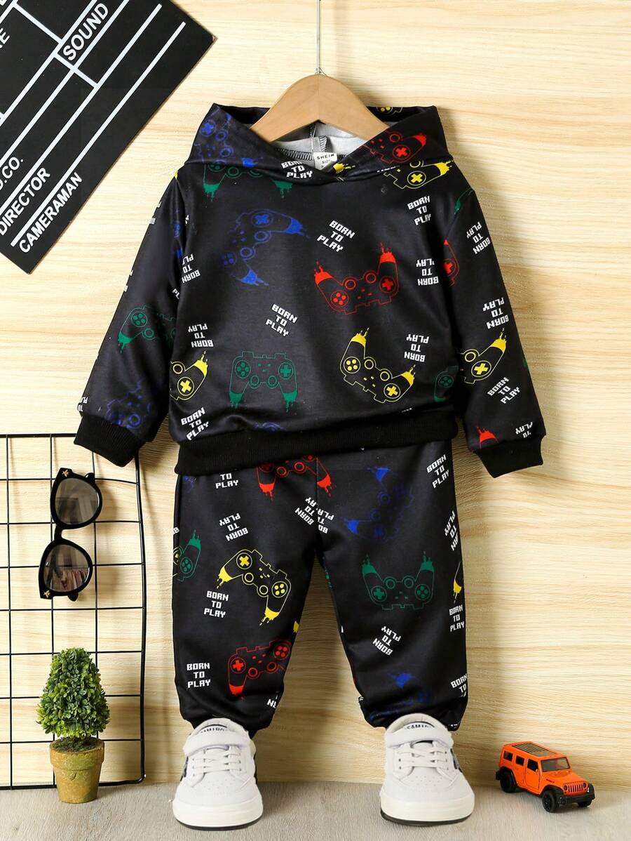 女嬰字母和遊戲手柄圖案連帽衫和運動褲 - 黑色 - 查看 1
