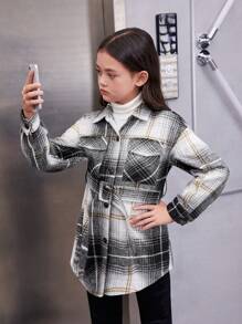 SHEIN Tween Girl Plaid Print Drop Shoulder Flap Pocket Belted Shirt Dress
