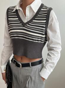 DAZY Chaleco de punto con estampado de rayas sin blusa, top corto de mujer para otoño