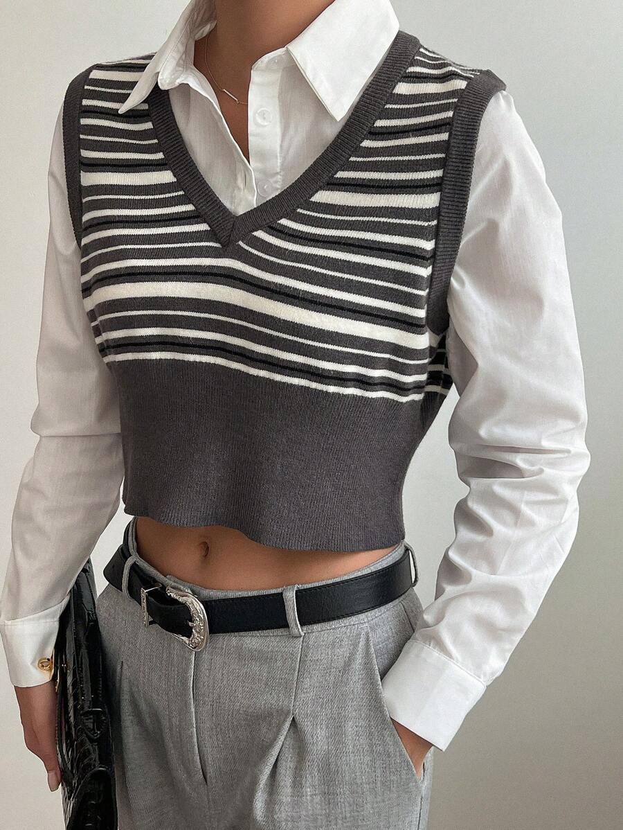 DAZY Chaleco de punto con estampado de rayas sin blusa, top corto de mujer para otoño