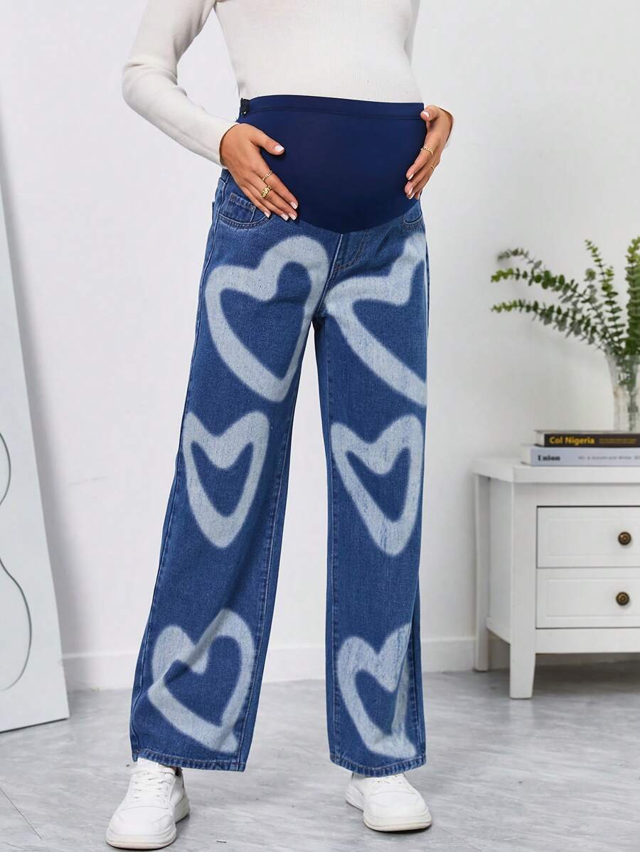 SHEIN Maternity Wideband Waist Heart Print Wide Leg Jeans - Medium Wash - View 1