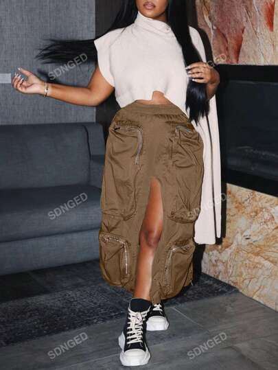 Zipper Pocket Split Thigh Cargo Skirt | SHEIN